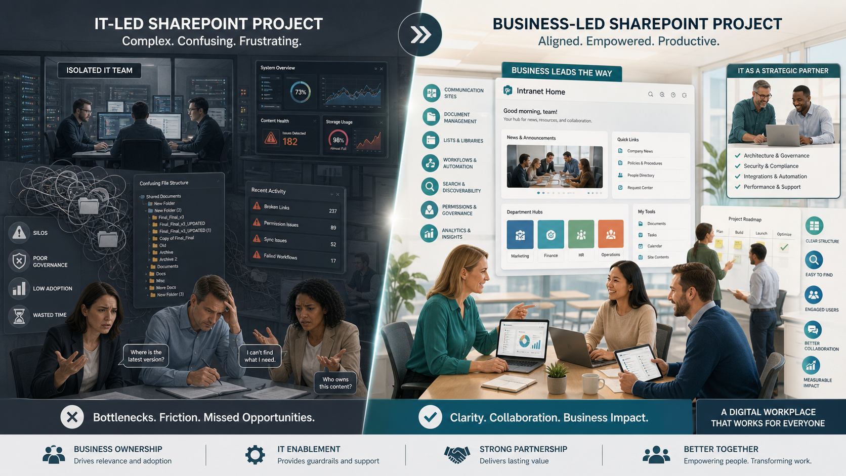 Illustration contrasting IT-led versus business-led SharePoint projects — showing the tension, fragmentation, and bottlenecks of IT-led approaches on the left, and the clarity, ownership, and usability of business-led approaches on the right.